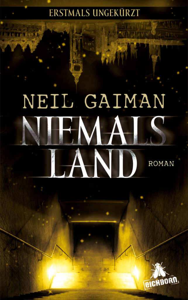 Cover des Buches "Niemalsland" von Neil Gaiman (Ein Foto mit einer beleuchteten Treppen. Das nach unten. Das Foto steht vor einem Baum ohne Blätter und vielen Fledermäusen. Rechts neben dem Foto ist ein Totenkopf