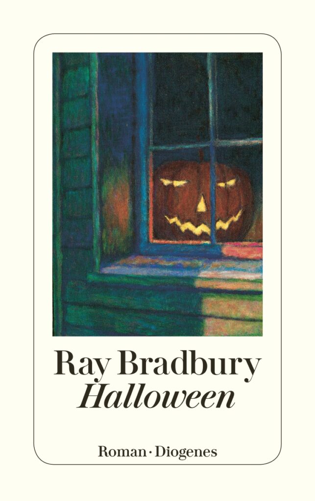 Cover von "Halloween" von Ray Bradbury (leuchtender, lachender Kürbis hinter einem Fenster)